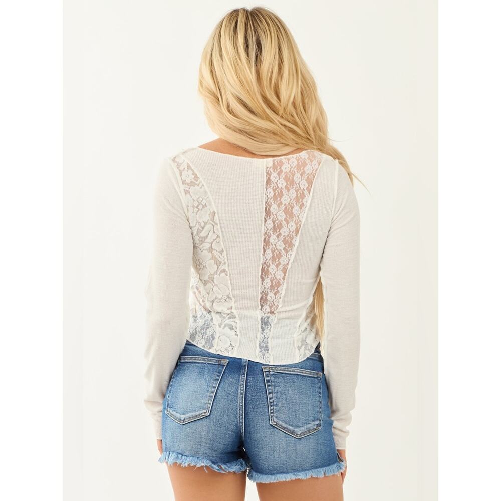 POL Isabella Waffle Thermal Raw Seam Sheer Lace Long Sleeve Top Small White Boho - Picture 7 of 12